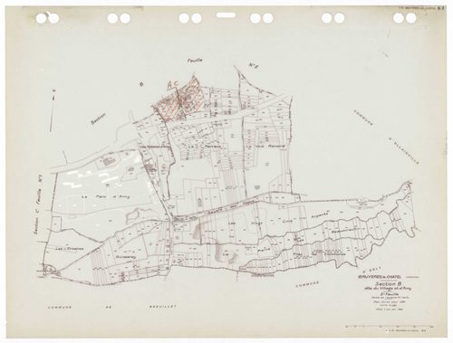 BRUYERES-LE-CHATEL, plans minutes de conservation : tableau d'assemblage,1934, Ech. 1/10000 ; plans des sections A1, A3, A4, B2, B3, C1, C3 1934, Ech. 1/2500, section A2, 1934, Ech. 1/5000, sections A5, C2, 1934, Ech. 1/1250, sections AA, AB, AC, AD, 1997