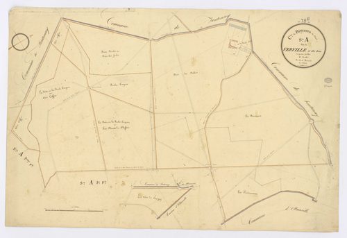 BRUYERES-LE-CHATEL. - Section A - de Verville et des Bois, 1, ech. 1/2500, coul., aquarelle, papier, 62x93 (1820). 
