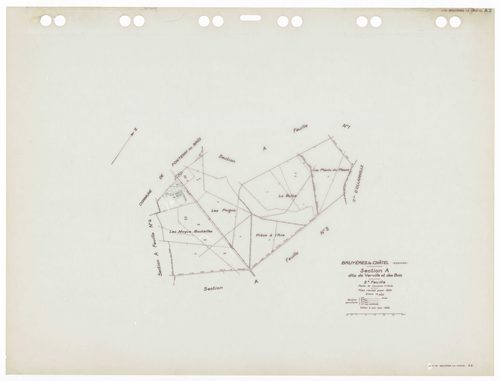 BRUYERES-LE-CHATEL, plans minutes de conservation : tableau d'assemblage,1934, Ech. 1/10000 ; plans des sections A1, A3, A4, B2, B3, C1, C3 1934, Ech. 1/2500, section A2, 1934, Ech. 1/5000, sections A5, C2, 1934, Ech. 1/1250, sections AA, AB, AC, AD, 1997