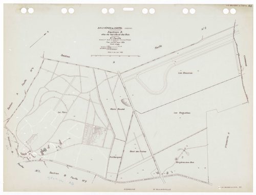BRUYERES-LE-CHATEL, plans minutes de conservation : tableau d'assemblage,1934, Ech. 1/10000 ; plans des sections A1, A3, A4, B2, B3, C1, C3 1934, Ech. 1/2500, section A2, 1934, Ech. 1/5000, sections A5, C2, 1934, Ech. 1/1250, sections AA, AB, AC, AD, 1997
