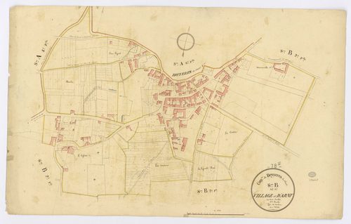 BRUYERES-LE-CHATEL. - Section B - du Village et d'Arny, 1, ech. 1/2500, coul., aquarelle, papier, 60x95 (1820). 