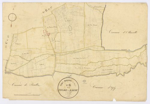 BRUYERES-LE-CHATEL. - Section B - du Village et d'Arny, 3, ech. 1/2500, coul., aquarelle, papier, 63x91 (1820). 