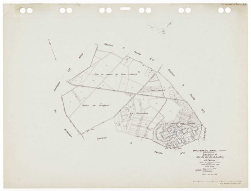 BRUYERES-LE-CHATEL, plans minutes de conservation : tableau d'assemblage,1934, Ech. 1/10000 ; plans des sections A1, A3, A4, B2, B3, C1, C3 1934, Ech. 1/2500, section A2, 1934, Ech. 1/5000, sections A5, C2, 1934, Ech. 1/1250, sections AA, AB, AC, AD, 1997