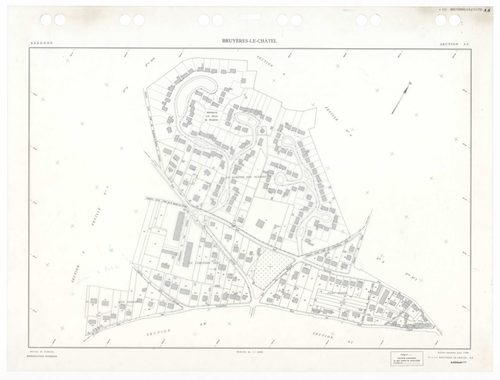 BRUYERES-LE-CHATEL, plans minutes de conservation : tableau d'assemblage,1934, Ech. 1/10000 ; plans des sections A1, A3, A4, B2, B3, C1, C3 1934, Ech. 1/2500, section A2, 1934, Ech. 1/5000, sections A5, C2, 1934, Ech. 1/1250, sections AA, AB, AC, AD, 1997