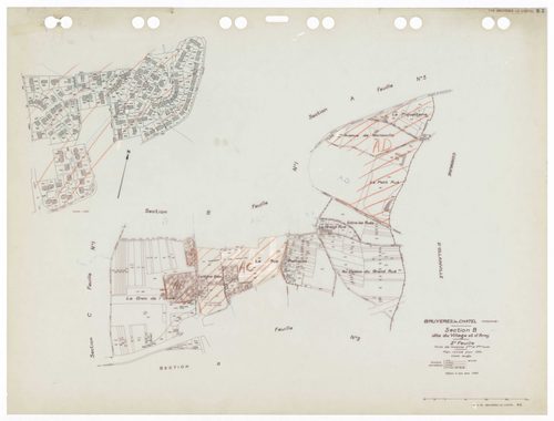 BRUYERES-LE-CHATEL, plans minutes de conservation : tableau d'assemblage,1934, Ech. 1/10000 ; plans des sections A1, A3, A4, B2, B3, C1, C3 1934, Ech. 1/2500, section A2, 1934, Ech. 1/5000, sections A5, C2, 1934, Ech. 1/1250, sections AA, AB, AC, AD, 1997