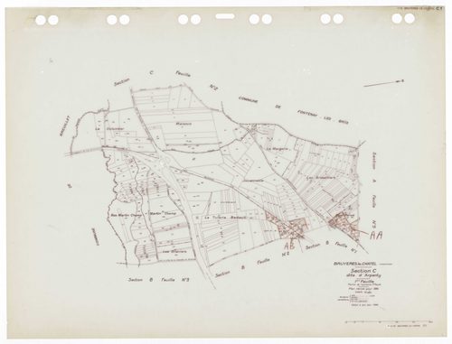 BRUYERES-LE-CHATEL, plans minutes de conservation : tableau d'assemblage,1934, Ech. 1/10000 ; plans des sections A1, A3, A4, B2, B3, C1, C3 1934, Ech. 1/2500, section A2, 1934, Ech. 1/5000, sections A5, C2, 1934, Ech. 1/1250, sections AA, AB, AC, AD, 1997