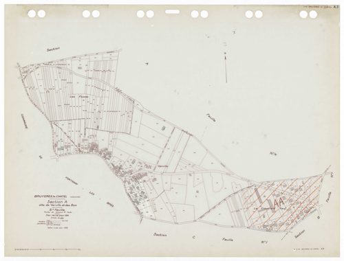 BRUYERES-LE-CHATEL, plans minutes de conservation : tableau d'assemblage,1934, Ech. 1/10000 ; plans des sections A1, A3, A4, B2, B3, C1, C3 1934, Ech. 1/2500, section A2, 1934, Ech. 1/5000, sections A5, C2, 1934, Ech. 1/1250, sections AA, AB, AC, AD, 1997