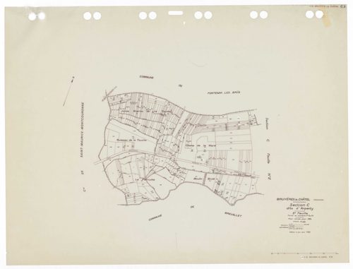 BRUYERES-LE-CHATEL, plans minutes de conservation : tableau d'assemblage,1934, Ech. 1/10000 ; plans des sections A1, A3, A4, B2, B3, C1, C3 1934, Ech. 1/2500, section A2, 1934, Ech. 1/5000, sections A5, C2, 1934, Ech. 1/1250, sections AA, AB, AC, AD, 1997
