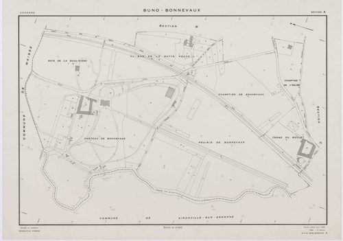 BUNO-BONNEVAUX, plans minutes de conservation : tableau d'assemblage,1953, Ech. 1/10000 ; plans des sections B, C, D, F, G, H, I, K, L, M, O, P, R, S, 1953, Ech. 1/2000, sections A, E, N, 1953, Ech. 1/1000, section ZA, 1997, Ech. 1/2000. Polyester. N et B