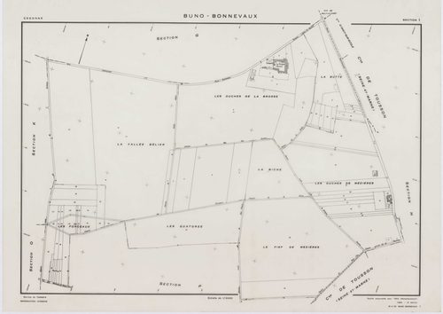 BUNO-BONNEVAUX, plans minutes de conservation : tableau d'assemblage,1953, Ech. 1/10000 ; plans des sections B, C, D, F, G, H, I, K, L, M, O, P, R, S, 1953, Ech. 1/2000, sections A, E, N, 1953, Ech. 1/1000, section ZA, 1997, Ech. 1/2000. Polyester. N et B
