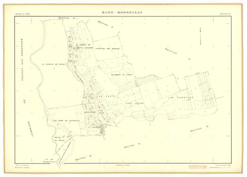 Plans minutes de conservation : BUNO-BONNEVAUX : tableau d'assemblage, ech. 1/10000 (1953), sections A, E, ech. 1/1000 (1953), sections B, C, D, F, G, H, I, K, L, M, N, O, P, Q, R, S, ech. 1/2000 (1953) ; section U, ech. 1/2000 (1956), NB, papier, 105x80 