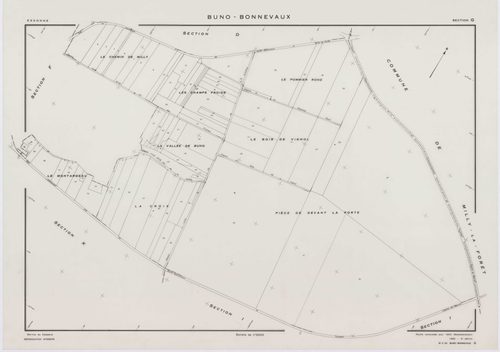 BUNO-BONNEVAUX, plans minutes de conservation : tableau d'assemblage,1953, Ech. 1/10000 ; plans des sections B, C, D, F, G, H, I, K, L, M, O, P, R, S, 1953, Ech. 1/2000, sections A, E, N, 1953, Ech. 1/1000, section ZA, 1997, Ech. 1/2000. Polyester. N et B