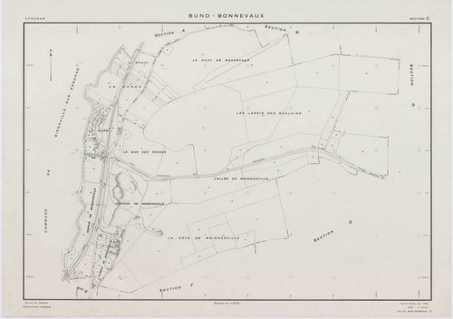 BUNO-BONNEVAUX, plans minutes de conservation : tableau d'assemblage,1953, Ech. 1/10000 ; plans des sections B, C, D, F, G, H, I, K, L, M, O, P, R, S, 1953, Ech. 1/2000, sections A, E, N, 1953, Ech. 1/1000, section ZA, 1997, Ech. 1/2000. Polyester. N et B
