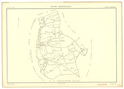 Plans minutes de conservation : BUNO-BONNEVAUX : tableau d'assemblage, ech. 1/10000 (1953), sections A, E, ech. 1/1000 (1953), sections B, C, D, F, G, H, I, K, L, M, N, O, P, Q, R, S, ech. 1/2000 (1953) ; section U, ech. 1/2000 (1956), NB, papier, 105x80 