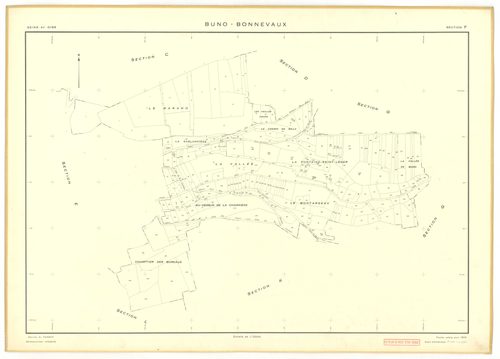 Plans minutes de conservation : BUNO-BONNEVAUX : tableau d'assemblage, ech. 1/10000 (1953), sections A, E, ech. 1/1000 (1953), sections B, C, D, F, G, H, I, K, L, M, N, O, P, Q, R, S, ech. 1/2000 (1953) ; section U, ech. 1/2000 (1956), NB, papier, 105x80 