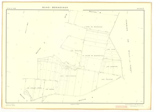 Plans minutes de conservation : BUNO-BONNEVAUX : tableau d'assemblage, ech. 1/10000 (1953), sections A, E, ech. 1/1000 (1953), sections B, C, D, F, G, H, I, K, L, M, N, O, P, Q, R, S, ech. 1/2000 (1953) ; section U, ech. 1/2000 (1956), NB, papier, 105x80 