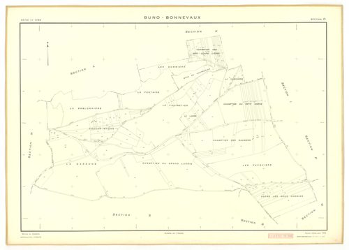 Plans minutes de conservation : BUNO-BONNEVAUX : tableau d'assemblage, ech. 1/10000 (1953), sections A, E, ech. 1/1000 (1953), sections B, C, D, F, G, H, I, K, L, M, N, O, P, Q, R, S, ech. 1/2000 (1953) ; section U, ech. 1/2000 (1956), NB, papier, 105x80 