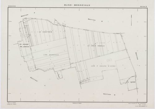 BUNO-BONNEVAUX, plans minutes de conservation : tableau d'assemblage,1953, Ech. 1/10000 ; plans des sections B, C, D, F, G, H, I, K, L, M, O, P, R, S, 1953, Ech. 1/2000, sections A, E, N, 1953, Ech. 1/1000, section ZA, 1997, Ech. 1/2000. Polyester. N et B