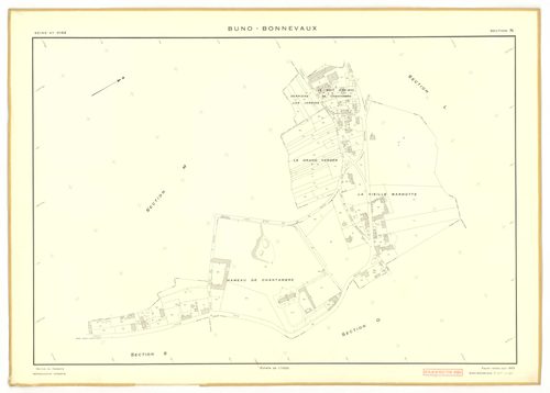 Plans minutes de conservation : BUNO-BONNEVAUX : tableau d'assemblage, ech. 1/10000 (1953), sections A, E, ech. 1/1000 (1953), sections B, C, D, F, G, H, I, K, L, M, N, O, P, Q, R, S, ech. 1/2000 (1953) ; section U, ech. 1/2000 (1956), NB, papier, 105x80 