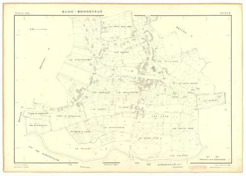 Plans minutes de conservation : BUNO-BONNEVAUX : tableau d'assemblage, ech. 1/10000 (1953), sections A, E, ech. 1/1000 (1953), sections B, C, D, F, G, H, I, K, L, M, N, O, P, Q, R, S, ech. 1/2000 (1953) ; section U, ech. 1/2000 (1956), NB, papier, 105x80 