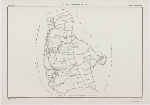 BUNO-BONNEVAUX, plans minutes de conservation : tableau d'assemblage,1953, Ech. 1/10000 ; plans des sections B, C, D, F, G, H, I, K, L, M, O, P, R, S, 1953, Ech. 1/2000, sections A, E, N, 1953, Ech. 1/1000, section ZA, 1997, Ech. 1/2000. Polyester. N et B