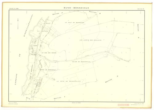 Plans minutes de conservation : BUNO-BONNEVAUX : tableau d'assemblage, ech. 1/10000 (1953), sections A, E, ech. 1/1000 (1953), sections B, C, D, F, G, H, I, K, L, M, N, O, P, Q, R, S, ech. 1/2000 (1953) ; section U, ech. 1/2000 (1956), NB, papier, 105x80 
