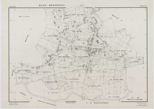 BUNO-BONNEVAUX, plans minutes de conservation : tableau d'assemblage,1953, Ech. 1/10000 ; plans des sections B, C, D, F, G, H, I, K, L, M, O, P, R, S, 1953, Ech. 1/2000, sections A, E, N, 1953, Ech. 1/1000, section ZA, 1997, Ech. 1/2000. Polyester. N et B