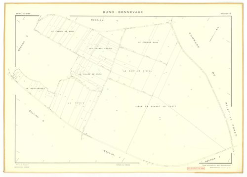 Plans minutes de conservation : BUNO-BONNEVAUX : tableau d'assemblage, ech. 1/10000 (1953), sections A, E, ech. 1/1000 (1953), sections B, C, D, F, G, H, I, K, L, M, N, O, P, Q, R, S, ech. 1/2000 (1953) ; section U, ech. 1/2000 (1956), NB, papier, 105x80 