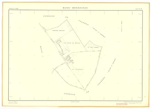 Plans minutes de conservation : BUNO-BONNEVAUX : tableau d'assemblage, ech. 1/10000 (1953), sections A, E, ech. 1/1000 (1953), sections B, C, D, F, G, H, I, K, L, M, N, O, P, Q, R, S, ech. 1/2000 (1953) ; section U, ech. 1/2000 (1956), NB, papier, 105x80 