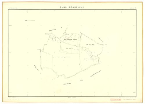 Plans minutes de conservation : BUNO-BONNEVAUX : tableau d'assemblage, ech. 1/10000 (1953), sections A, E, ech. 1/1000 (1953), sections B, C, D, F, G, H, I, K, L, M, N, O, P, Q, R, S, ech. 1/2000 (1953) ; section U, ech. 1/2000 (1956), NB, papier, 105x80 