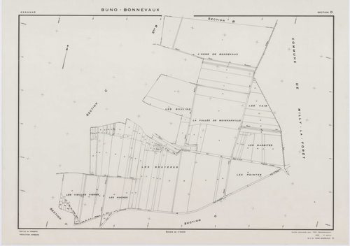 BUNO-BONNEVAUX, plans minutes de conservation : tableau d'assemblage,1953, Ech. 1/10000 ; plans des sections B, C, D, F, G, H, I, K, L, M, O, P, R, S, 1953, Ech. 1/2000, sections A, E, N, 1953, Ech. 1/1000, section ZA, 1997, Ech. 1/2000. Polyester. N et B