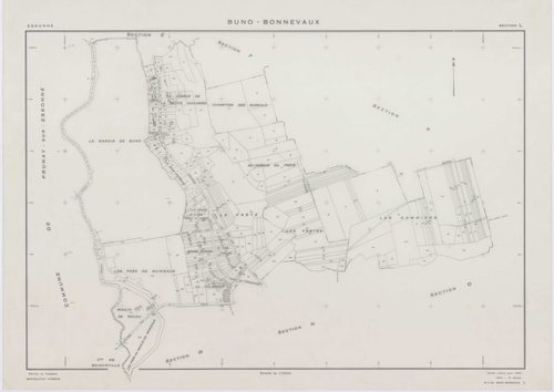 BUNO-BONNEVAUX, plans minutes de conservation : tableau d'assemblage,1953, Ech. 1/10000 ; plans des sections B, C, D, F, G, H, I, K, L, M, O, P, R, S, 1953, Ech. 1/2000, sections A, E, N, 1953, Ech. 1/1000, section ZA, 1997, Ech. 1/2000. Polyester. N et B