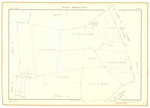 Plans minutes de conservation : BUNO-BONNEVAUX : tableau d'assemblage, ech. 1/10000 (1953), sections A, E, ech. 1/1000 (1953), sections B, C, D, F, G, H, I, K, L, M, N, O, P, Q, R, S, ech. 1/2000 (1953) ; section U, ech. 1/2000 (1956), NB, papier, 105x80 