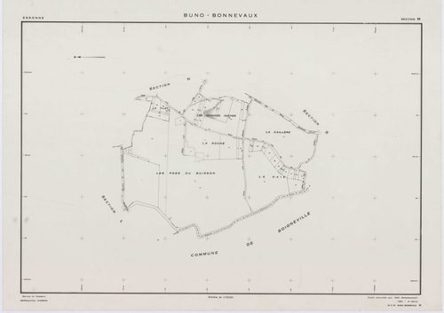 BUNO-BONNEVAUX, plans minutes de conservation : tableau d'assemblage,1953, Ech. 1/10000 ; plans des sections B, C, D, F, G, H, I, K, L, M, O, P, R, S, 1953, Ech. 1/2000, sections A, E, N, 1953, Ech. 1/1000, section ZA, 1997, Ech. 1/2000. Polyester. N et B