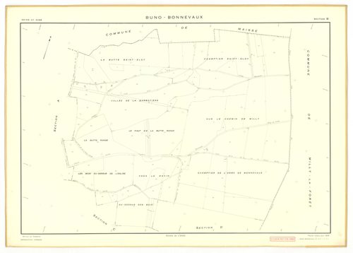 Plans minutes de conservation : BUNO-BONNEVAUX : tableau d'assemblage, ech. 1/10000 (1953), sections A, E, ech. 1/1000 (1953), sections B, C, D, F, G, H, I, K, L, M, N, O, P, Q, R, S, ech. 1/2000 (1953) ; section U, ech. 1/2000 (1956), NB, papier, 105x80 
