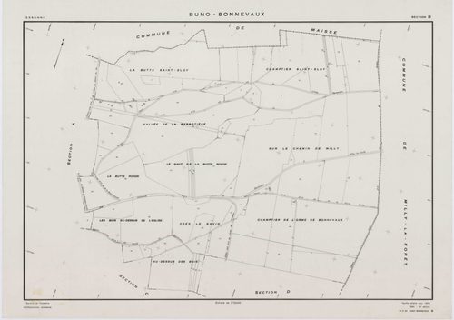 BUNO-BONNEVAUX, plans minutes de conservation : tableau d'assemblage,1953, Ech. 1/10000 ; plans des sections B, C, D, F, G, H, I, K, L, M, O, P, R, S, 1953, Ech. 1/2000, sections A, E, N, 1953, Ech. 1/1000, section ZA, 1997, Ech. 1/2000. Polyester. N et B