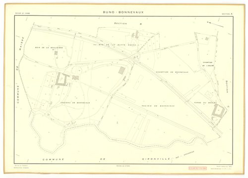 Plans minutes de conservation : BUNO-BONNEVAUX : tableau d'assemblage, ech. 1/10000 (1953), sections A, E, ech. 1/1000 (1953), sections B, C, D, F, G, H, I, K, L, M, N, O, P, Q, R, S, ech. 1/2000 (1953) ; section U, ech. 1/2000 (1956), NB, papier, 105x80 