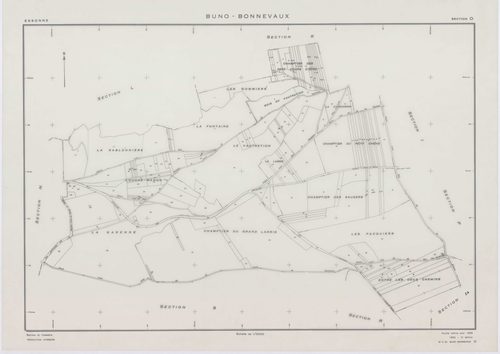 BUNO-BONNEVAUX, plans minutes de conservation : tableau d'assemblage,1953, Ech. 1/10000 ; plans des sections B, C, D, F, G, H, I, K, L, M, O, P, R, S, 1953, Ech. 1/2000, sections A, E, N, 1953, Ech. 1/1000, section ZA, 1997, Ech. 1/2000. Polyester. N et B