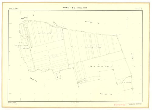 Plans minutes de conservation : BUNO-BONNEVAUX : tableau d'assemblage, ech. 1/10000 (1953), sections A, E, ech. 1/1000 (1953), sections B, C, D, F, G, H, I, K, L, M, N, O, P, Q, R, S, ech. 1/2000 (1953) ; section U, ech. 1/2000 (1956), NB, papier, 105x80 