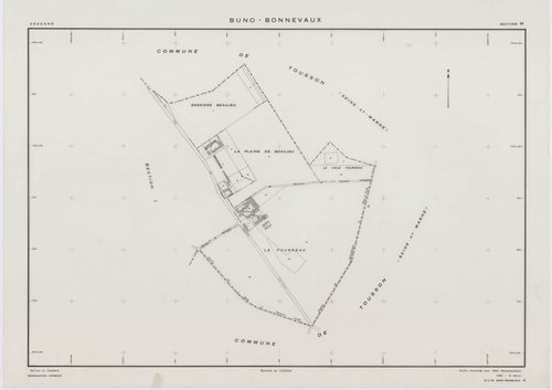 BUNO-BONNEVAUX, plans minutes de conservation : tableau d'assemblage,1953, Ech. 1/10000 ; plans des sections B, C, D, F, G, H, I, K, L, M, O, P, R, S, 1953, Ech. 1/2000, sections A, E, N, 1953, Ech. 1/1000, section ZA, 1997, Ech. 1/2000. Polyester. N et B