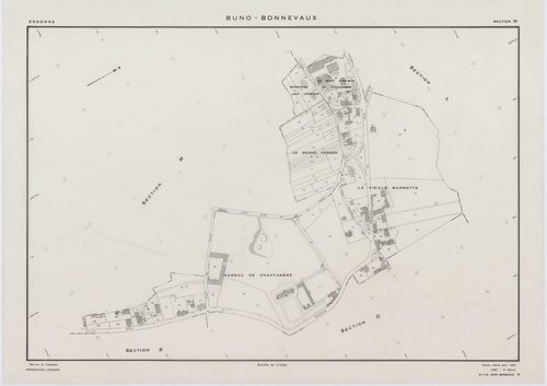 BUNO-BONNEVAUX, plans minutes de conservation : tableau d'assemblage,1953, Ech. 1/10000 ; plans des sections B, C, D, F, G, H, I, K, L, M, O, P, R, S, 1953, Ech. 1/2000, sections A, E, N, 1953, Ech. 1/1000, section ZA, 1997, Ech. 1/2000. Polyester. N et B
