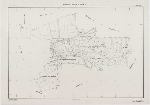 BUNO-BONNEVAUX, plans minutes de conservation : tableau d'assemblage,1953, Ech. 1/10000 ; plans des sections B, C, D, F, G, H, I, K, L, M, O, P, R, S, 1953, Ech. 1/2000, sections A, E, N, 1953, Ech. 1/1000, section ZA, 1997, Ech. 1/2000. Polyester. N et B