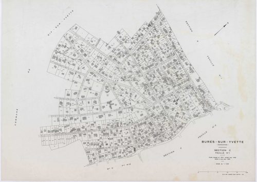 BURES-SUR-YVETTE, plans minutes de conservation : tableau d'assemblage,1945, Ech. 1/5000 ; plans des sections A1, A2, A3, A4, B1, B2, B3, C1, C2, C3, C4, 1945, Ech. 1/1250. Polyester. N et B. Dim. 105 x 80 cm [12 plans]. 