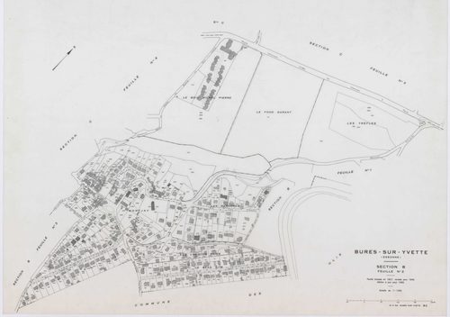 BURES-SUR-YVETTE, plans minutes de conservation : tableau d'assemblage,1945, Ech. 1/5000 ; plans des sections A1, A2, A3, A4, B1, B2, B3, C1, C2, C3, C4, 1945, Ech. 1/1250. Polyester. N et B. Dim. 105 x 80 cm [12 plans]. 