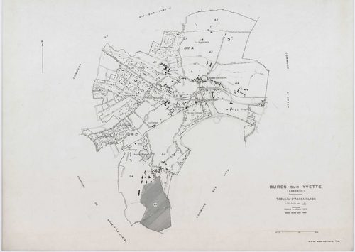 BURES-SUR-YVETTE, plans minutes de conservation : tableau d'assemblage,1945, Ech. 1/5000 ; plans des sections A1, A2, A3, A4, B1, B2, B3, C1, C2, C3, C4, 1945, Ech. 1/1250. Polyester. N et B. Dim. 105 x 80 cm [12 plans]. 