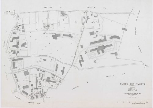 BURES-SUR-YVETTE, plans minutes de conservation : tableau d'assemblage,1945, Ech. 1/5000 ; plans des sections A1, A2, A3, A4, B1, B2, B3, C1, C2, C3, C4, 1945, Ech. 1/1250. Polyester. N et B. Dim. 105 x 80 cm [12 plans]. 