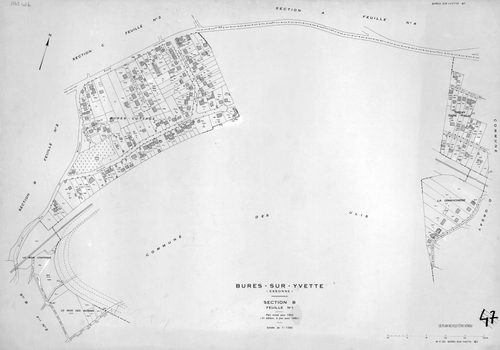 BURES-SUR-YVETTE. - Plan révisé pour 1945, à jour pour 1960 (2ème édition) : plan du tableau d'assemblage ; plan révisé pour 1945, à jour pour 1980 (3ème édition) : plans des sections A (feuilles 1-4), B (feuilles 1-3) et C (feuilles 1-4). [13 plans]. 