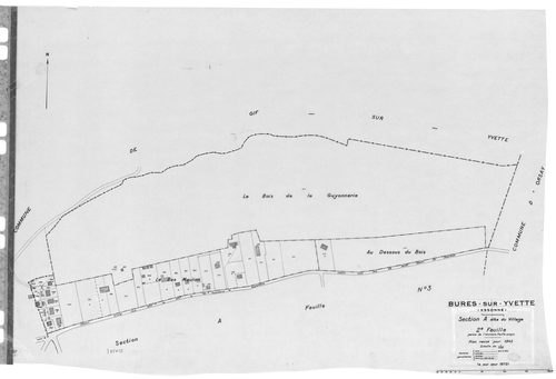 BURES-SUR-YVETTE .- Cadastre révisé pour 1945 mis à jour pour 1972 : plan de la section A le Village 1ère feuille, idem 2ème feuille, idem 3ème feuille, idem 4ème feuille, section B Montjay 1ère feuille, idem 2ème feuille, section C la Vierge 1ère feuille