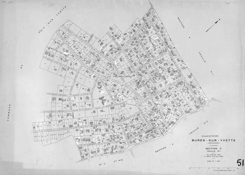 BURES-SUR-YVETTE. - Plan révisé pour 1945, à jour pour 1960 (2ème édition) : plan du tableau d'assemblage ; plan révisé pour 1945, à jour pour 1980 (3ème édition) : plans des sections A (feuilles 1-4), B (feuilles 1-3) et C (feuilles 1-4). [13 plans]. 