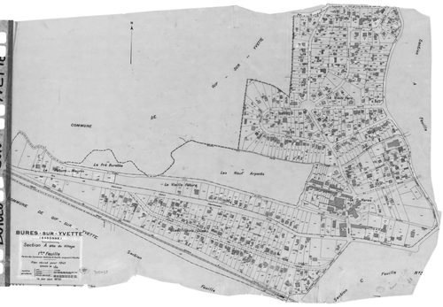 BURES-SUR-YVETTE .- Cadastre révisé pour 1945 mis à jour pour 1972 : plan de la section A le Village 1ère feuille, idem 2ème feuille, idem 3ème feuille, idem 4ème feuille, section B Montjay 1ère feuille, idem 2ème feuille, section C la Vierge 1ère feuille
